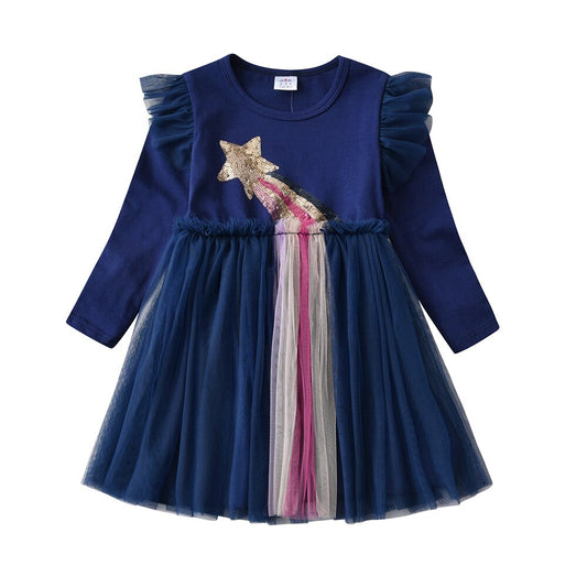 Star Comet Sequined Girl Toddler Long Sleeve Tutu Dress