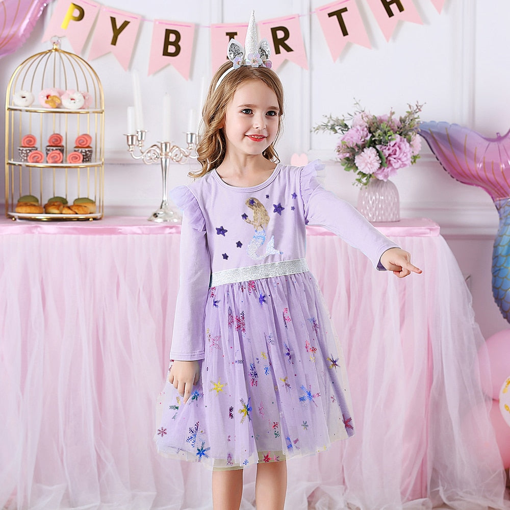 Sea World Mermaid Pattern Girl Toddler Long Sleeve Tutu Birthday Dress