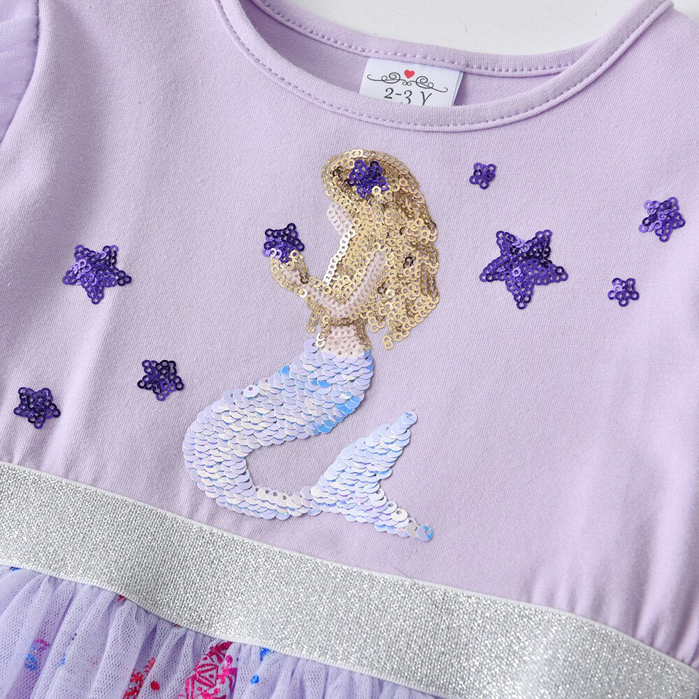 Sea World Mermaid Pattern Girl Toddler Long Sleeve Tutu Birthday Dress