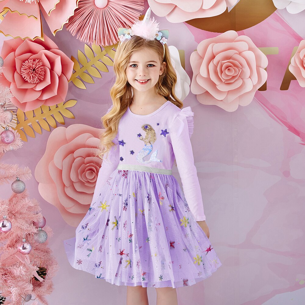 Sea World Mermaid Pattern Girl Toddler Long Sleeve Tutu Birthday Dress