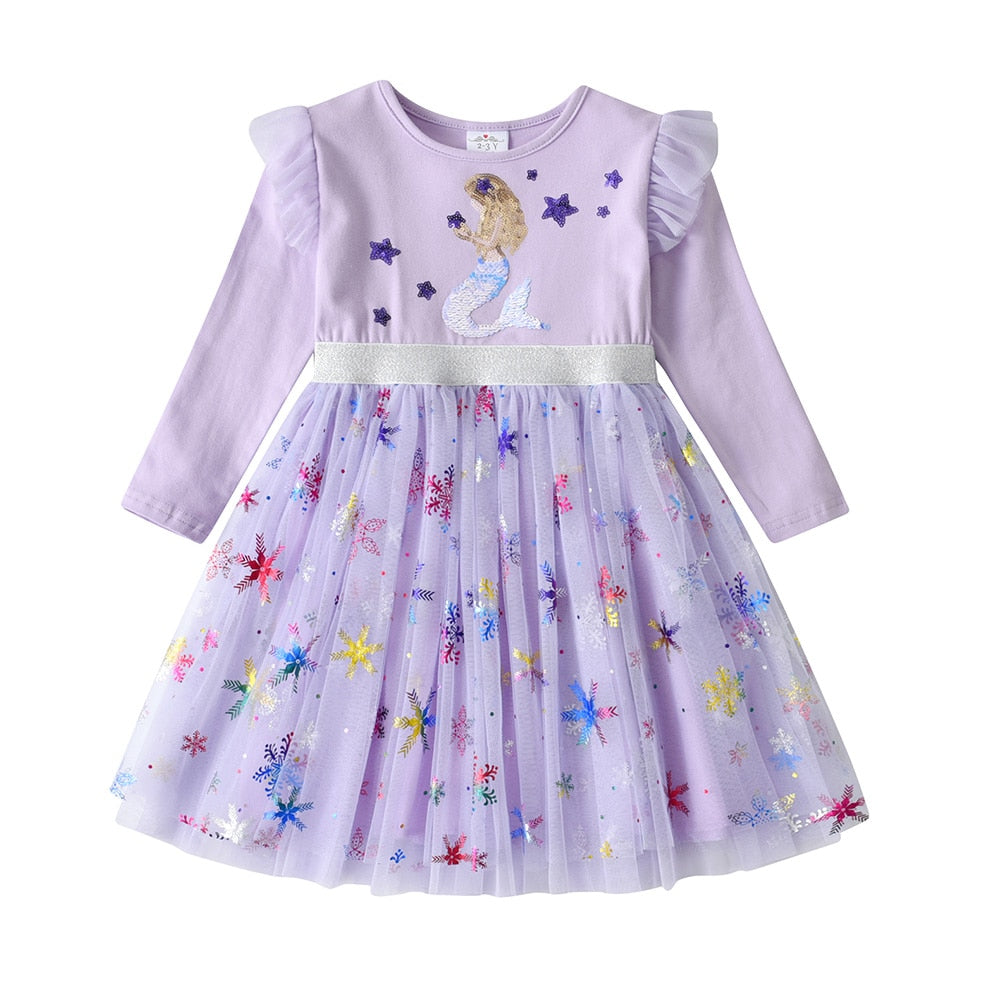 Sea World Mermaid Pattern Girl Toddler Long Sleeve Tutu Birthday Dress