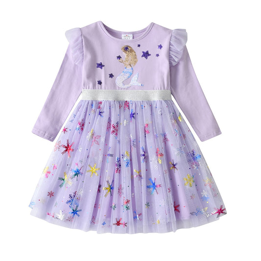 Sea World Mermaid Pattern Girl Toddler Long Sleeve Tutu Birthday Dress