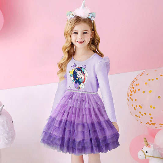 Love & Unicorn Pattern Princess Party Layered Soft Tutu Girl Toddler Dress