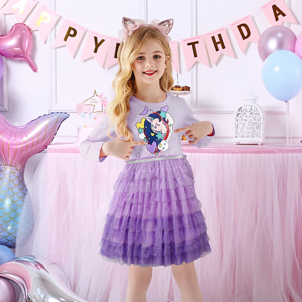 Love & Unicorn Pattern Princess Party Layered Soft Tutu Girl Toddler Dress