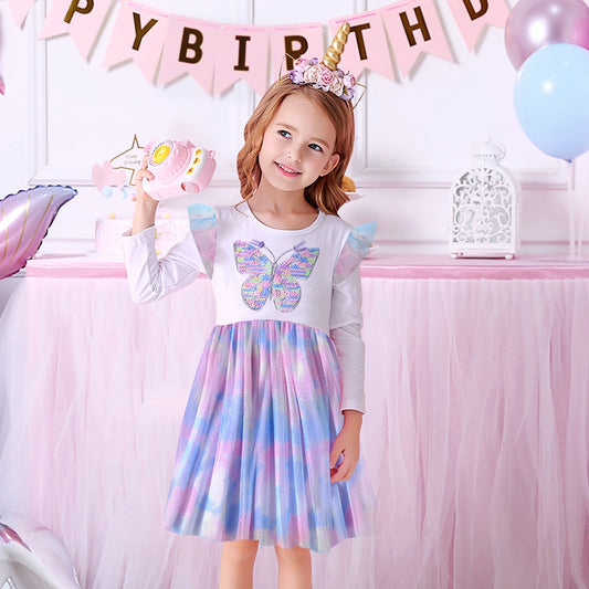 Butterfly Sequined Colorful Tulle Girl Toddler Long Sleeve Dress