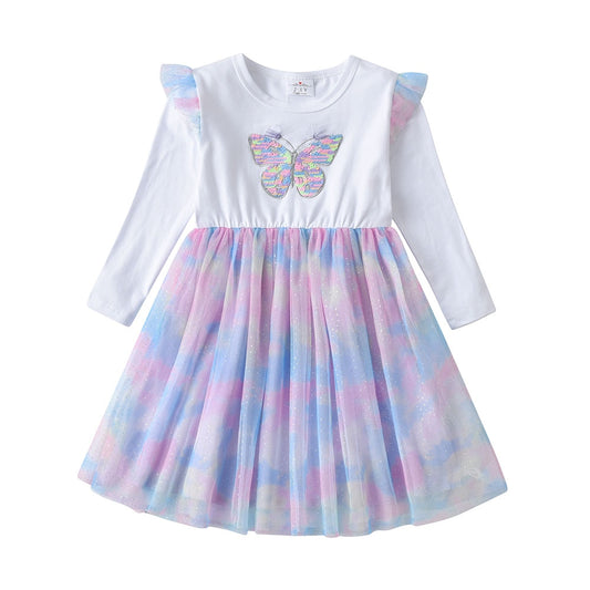 Butterfly Sequined Colorful Tulle Girl Toddler Long Sleeve Dress