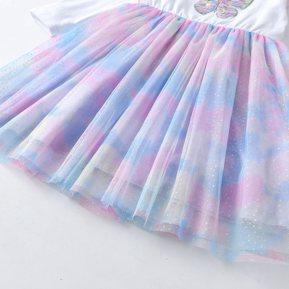 Butterfly Sequined Colorful Tulle Girl Toddler Long Sleeve Dress