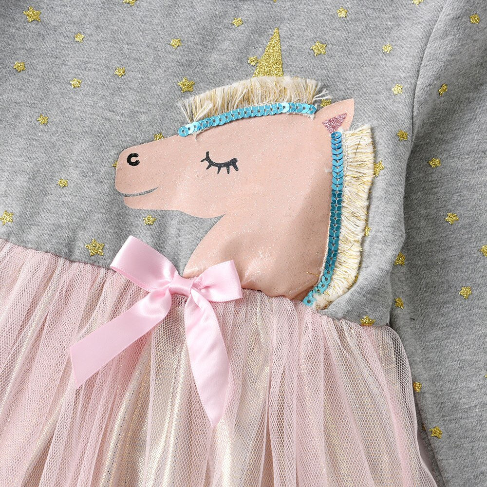 Cartoon Unicorn Pattern Lace Tutu Dress for Girl Toddler 3-8T