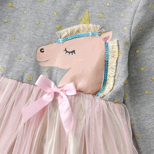 Cartoon Unicorn Pattern Lace Tutu Dress for Girl Toddler 3-8T