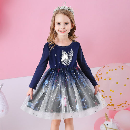 Unicorn Blue Planet Girl Toddler Long Sleeve Tutu Dress