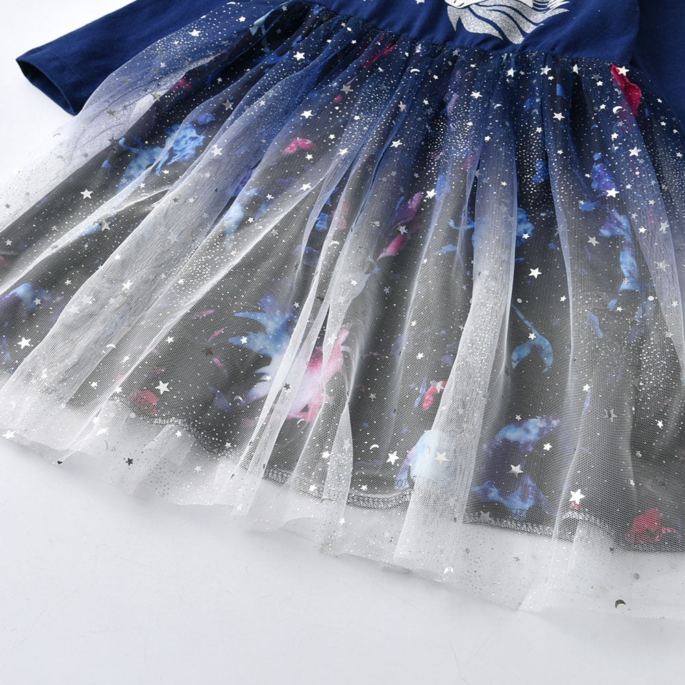 Unicorn Blue Planet Girl Toddler Long Sleeve Tutu Dress