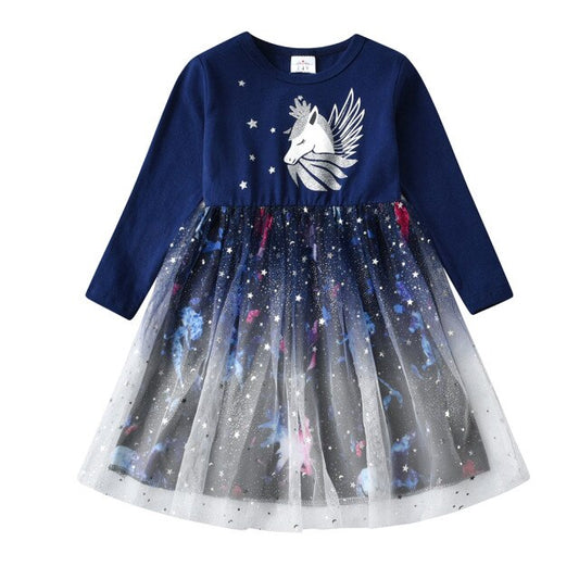 Unicorn Blue Planet Girl Toddler Long Sleeve Tutu Dress