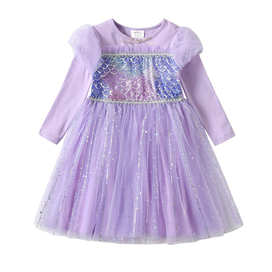 Mermaid Pattern Girl Toddler Tutu Dress Lace Long Sleeve Tulle Dress