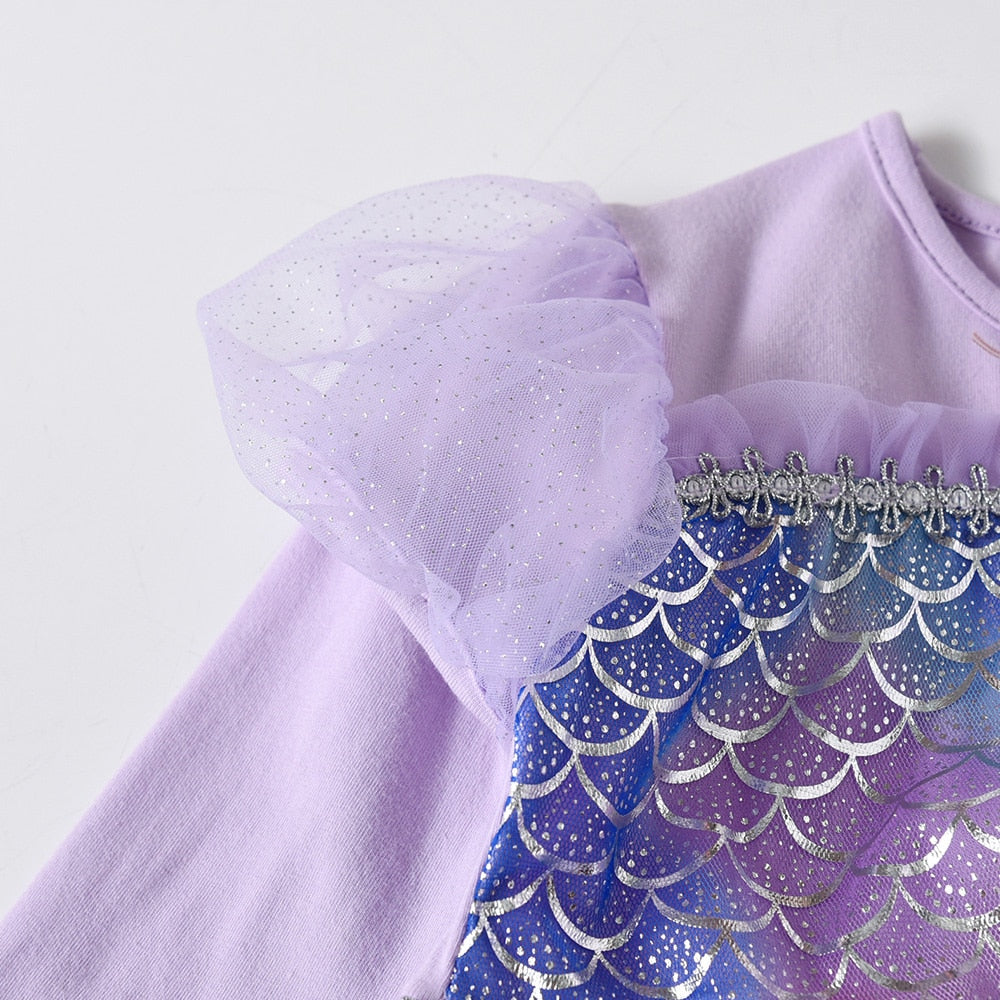 Mermaid Pattern Girl Toddler Tutu Dress Lace Long Sleeve Tulle Dress
