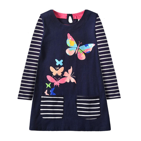 Butterfly Printed Striped Long Sleeve A Line Cotton Dress