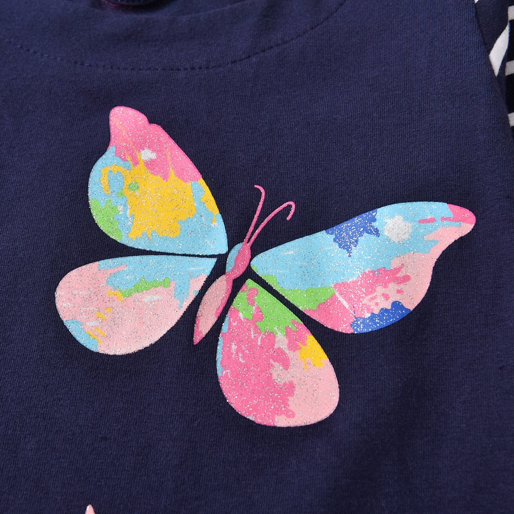 Butterfly Printed Striped Long Sleeve A Line Cotton Dress