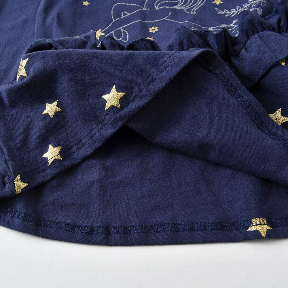 Unicorn with Star Girl Toddler Long Sleeve Cotton Dress
