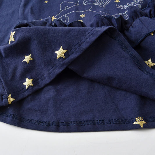 Unicorn with Star Girl Toddler Long Sleeve Cotton Dress