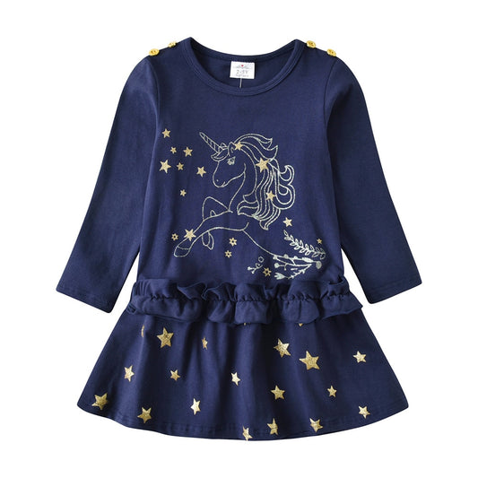 Unicorn with Star Girl Toddler Long Sleeve Cotton Dress