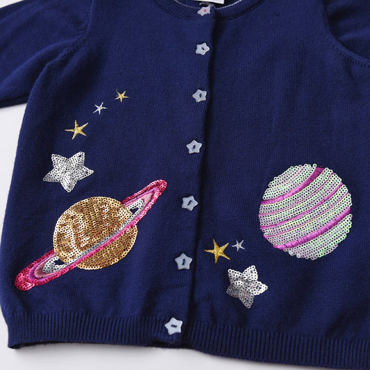 Planet Sequined Spring Autumn Knitted Cardigan Sweaters for Toddler Children Kids Outwear