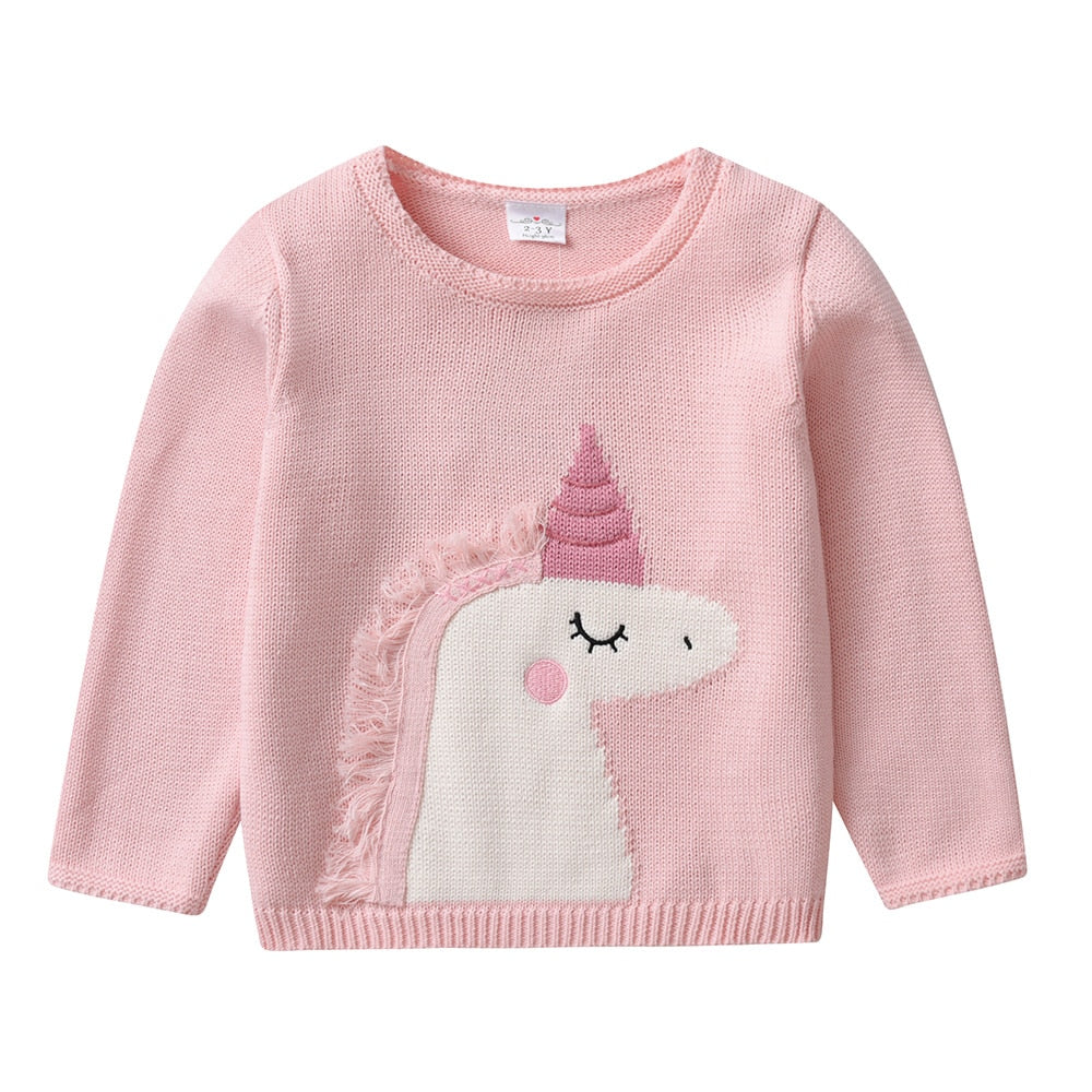 Lovely Unicorn Pattern Girl Solid Casual Knitted Crewneck Sweater Toddler Pullover