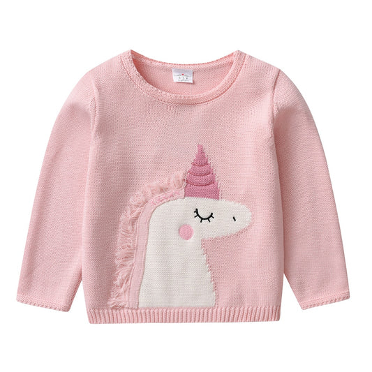 Lovely Unicorn Pattern Girl Solid Casual Knitted Crewneck Sweater Toddler Pullover