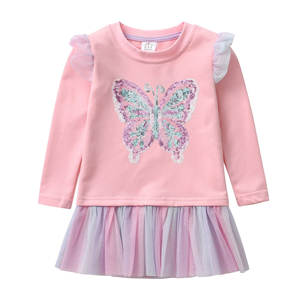 Butterfly Sequined Toddler Girl Cotton Autumn Tops T-Shirt with Soft Tulle