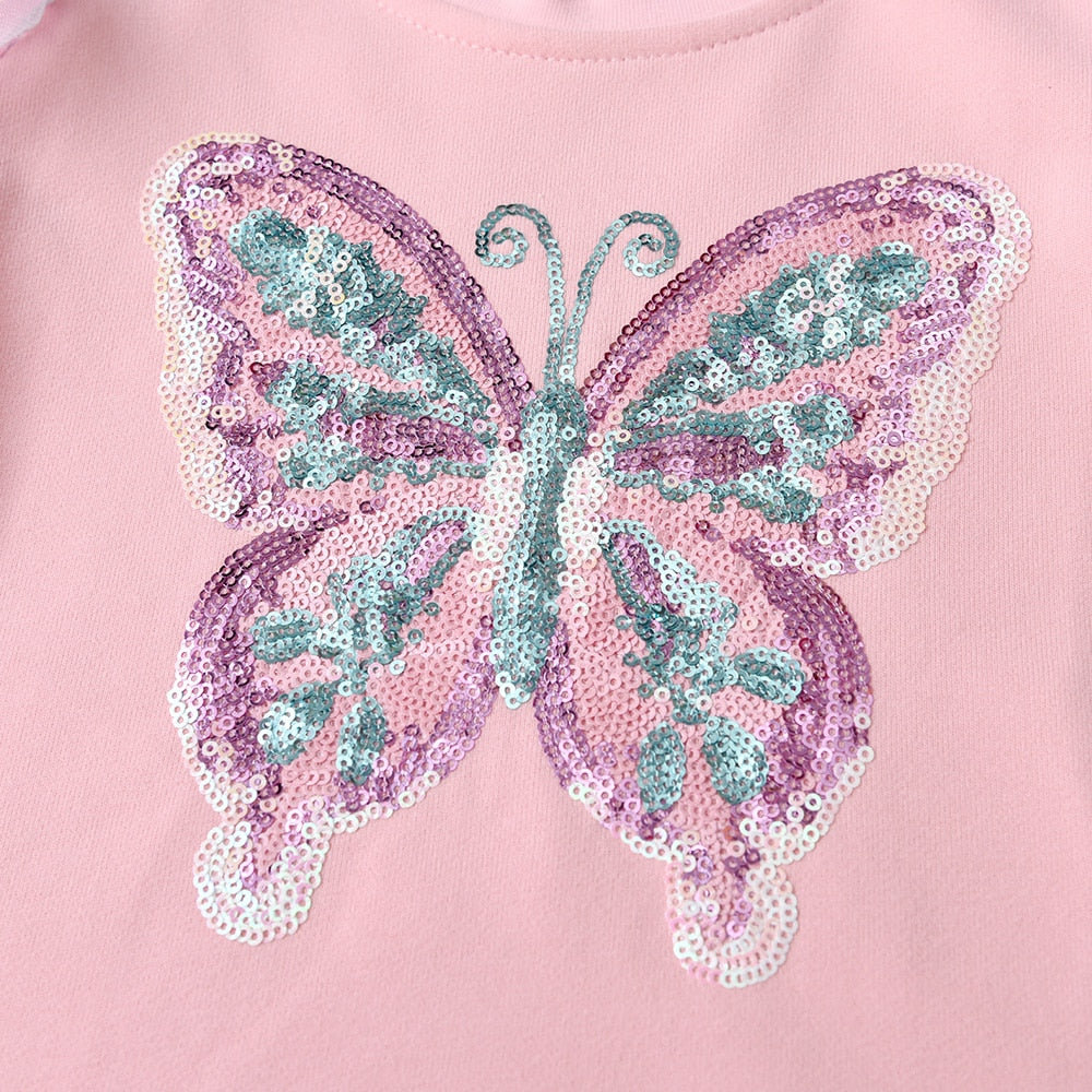 Butterfly Sequined Toddler Girl Cotton Autumn Tops T-Shirt with Soft Tulle