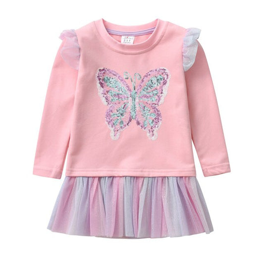 Butterfly Sequined Toddler Girl Cotton Autumn Tops T-Shirt with Soft Tulle