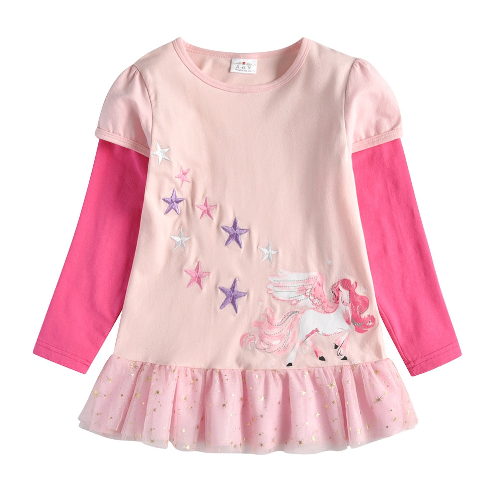 Unicorn Embroidery Girl Toddler Long Sleeve Cotton T-Shirts with Soft Tulle