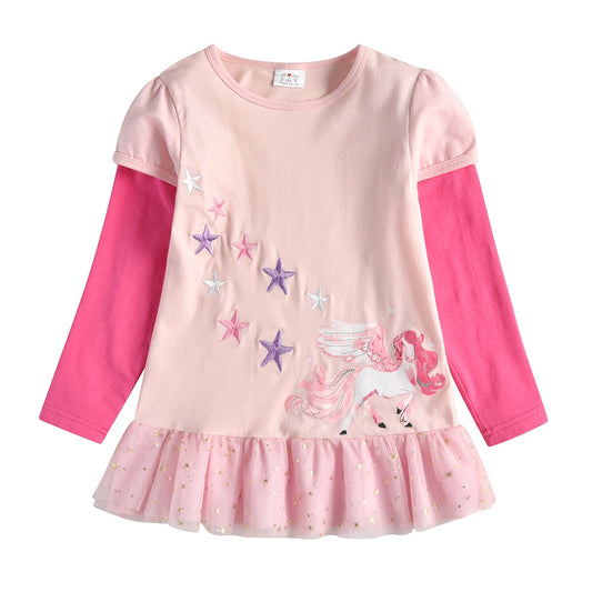 Unicorn Embroidery Girl Toddler Long Sleeve Cotton T-Shirts with Soft Tulle