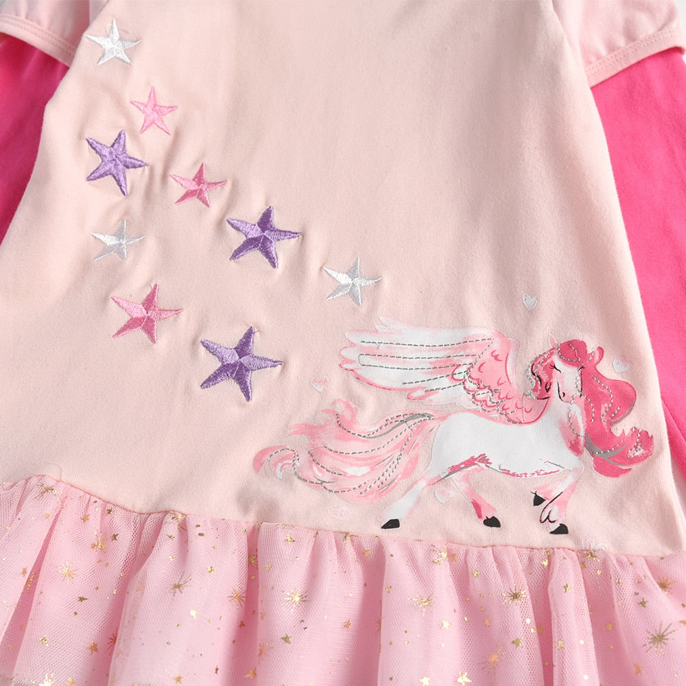 Unicorn Embroidery Girl Toddler Long Sleeve Cotton T-Shirts with Soft Tulle