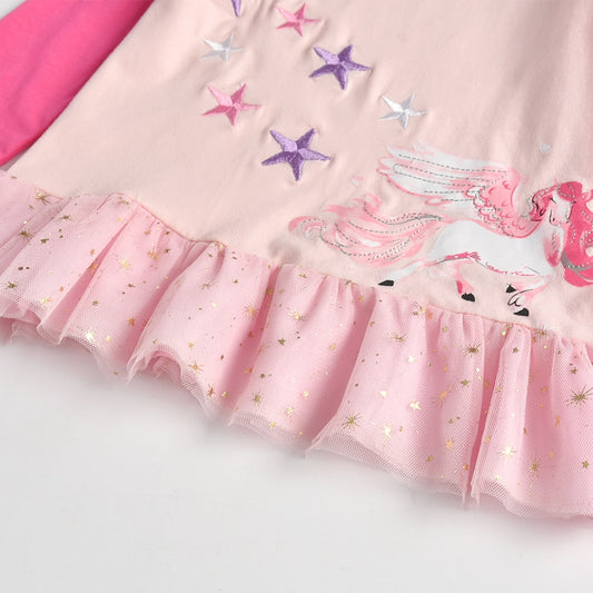 Unicorn Embroidery Girl Toddler Long Sleeve Cotton T-Shirts with Soft Tulle
