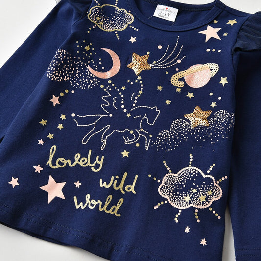 Starry Sky Planet Girl Toddler Cotton Autumn T-Shirts Sequined Outfits Tops