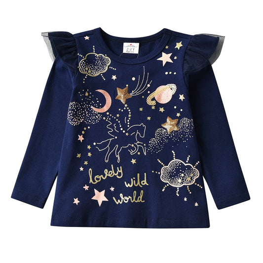 Starry Sky Planet Girl Toddler Cotton Autumn T-Shirts Sequined Outfits Tops