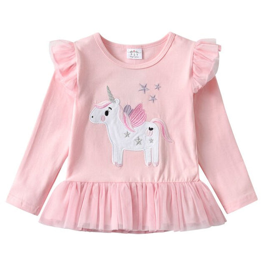 Unicorn Embroidery Long Sleeve Toddler Girl T shirts Autumn Spring Cartoon Tops