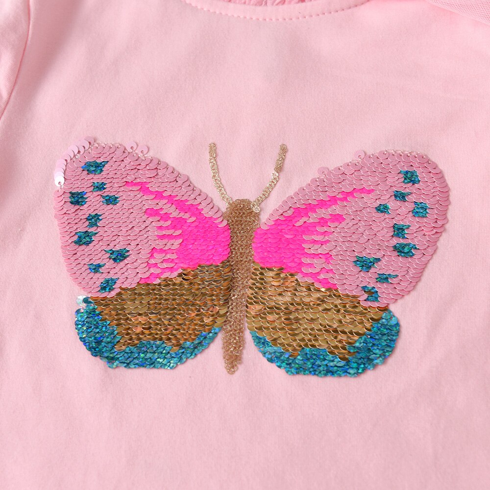 Butterfly Sequins Toddler Girl T Shirt Tulle Crewneck Cotton Autumn Long Sleeve Tee