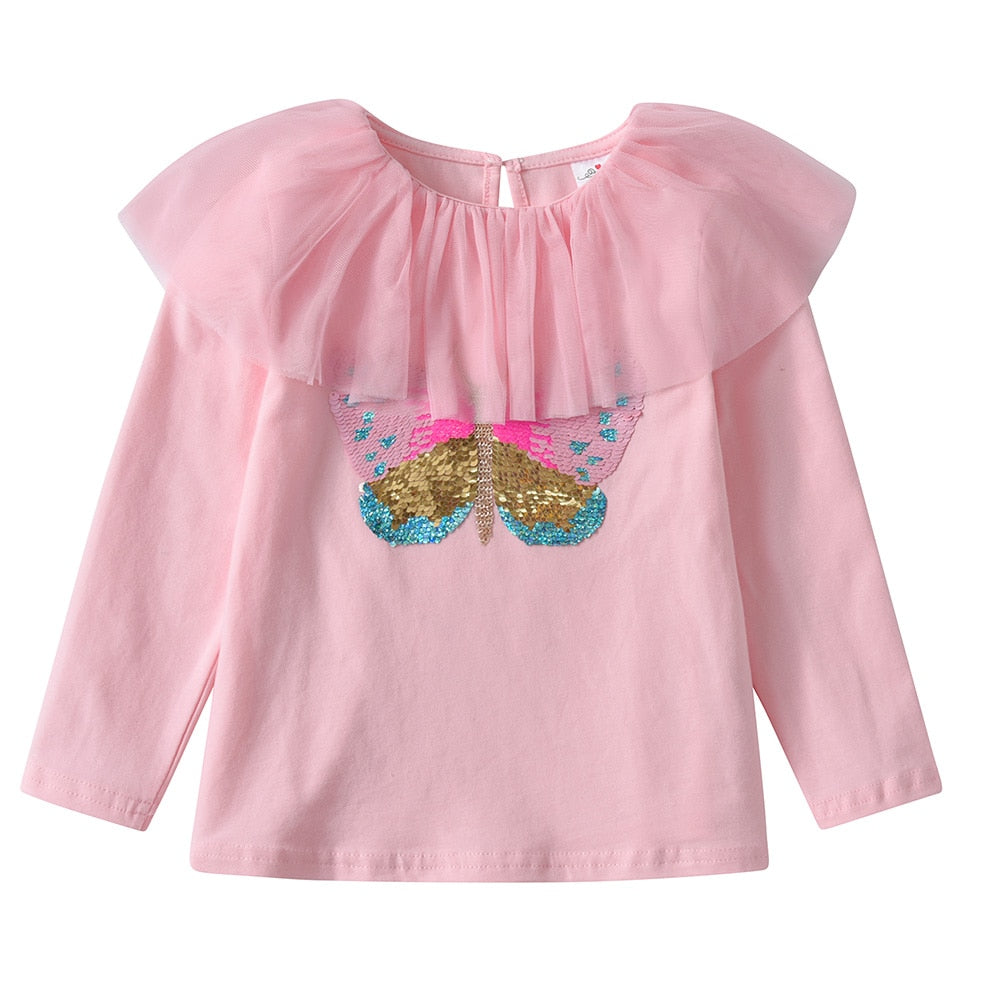 Butterfly Sequins Toddler Girl T Shirt Tulle Crewneck Cotton Autumn Long Sleeve Tee