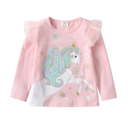 Cartoon Unicorn Pattern Girl Toddler Cotton T shirt Fall Long Sleeve Tops