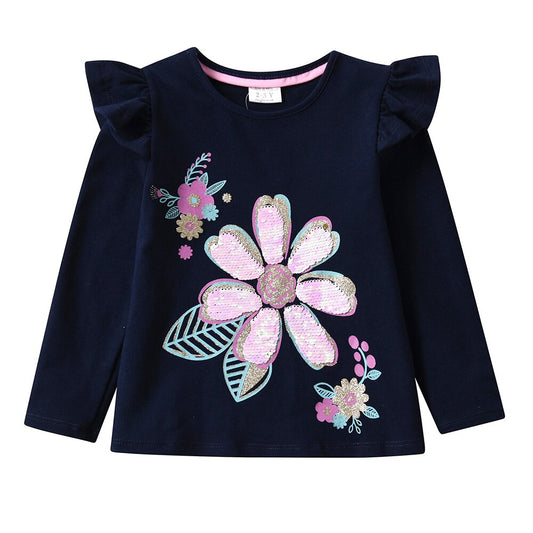 Colorful Flower Girl Toddler Cotton Long Sleeve T-shirt Flower Sequins Girl Tops