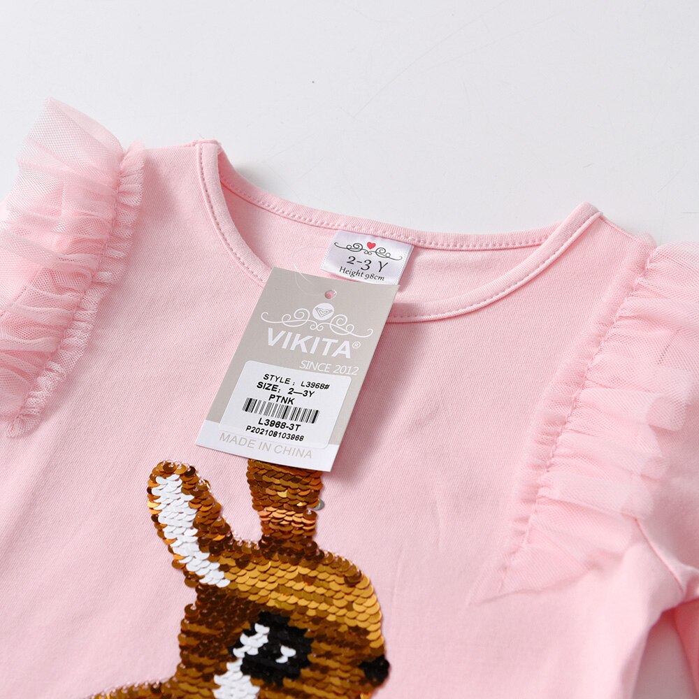 VIKITA Girls Long Sleeve Autumn T-shirts Rabbit Unicorn Butterfly Cartoon Tops for Baby Girls Clothes Sequined Tshirt 3-8Yrs