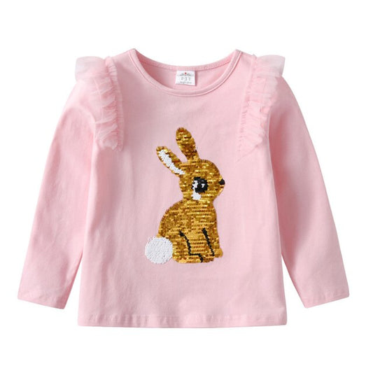 VIKITA Girls Long Sleeve Autumn T-shirts Rabbit Unicorn Butterfly Cartoon Tops for Baby Girls Clothes Sequined Tshirt 3-8Yrs