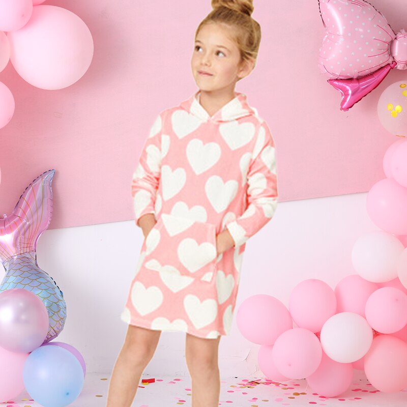 Love Heart Pattern Girls Toddler Hooded Dress Cotton A Line Hoodie Dress