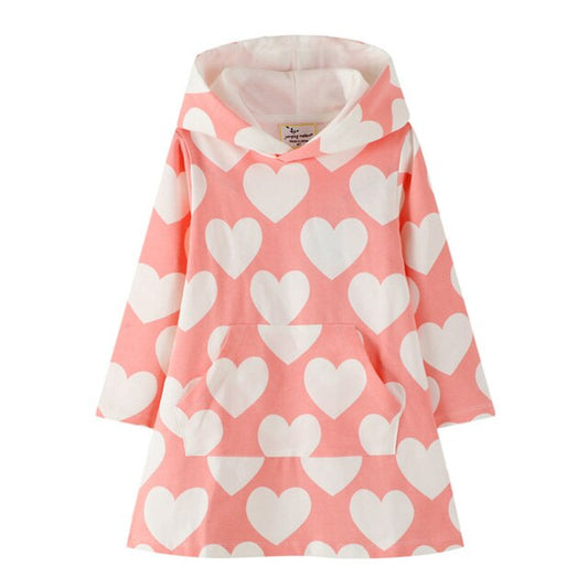Love Heart Pattern Girls Toddler Hooded Dress Cotton A Line Hoodie Dress