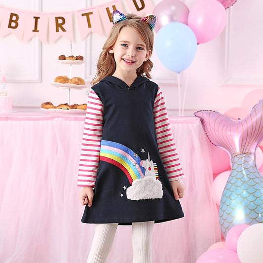 Unicorn & Rainbow Cotton A Line Girl Toddler Hooded Dress