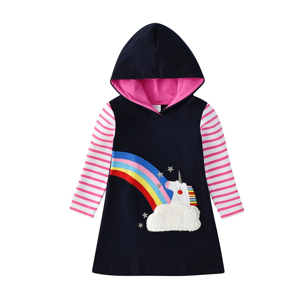 Unicorn & Rainbow Cotton A Line Girl Toddler Hooded Dress