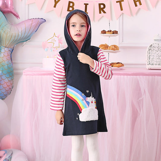 Unicorn & Rainbow Cotton A Line Girl Toddler Hooded Dress