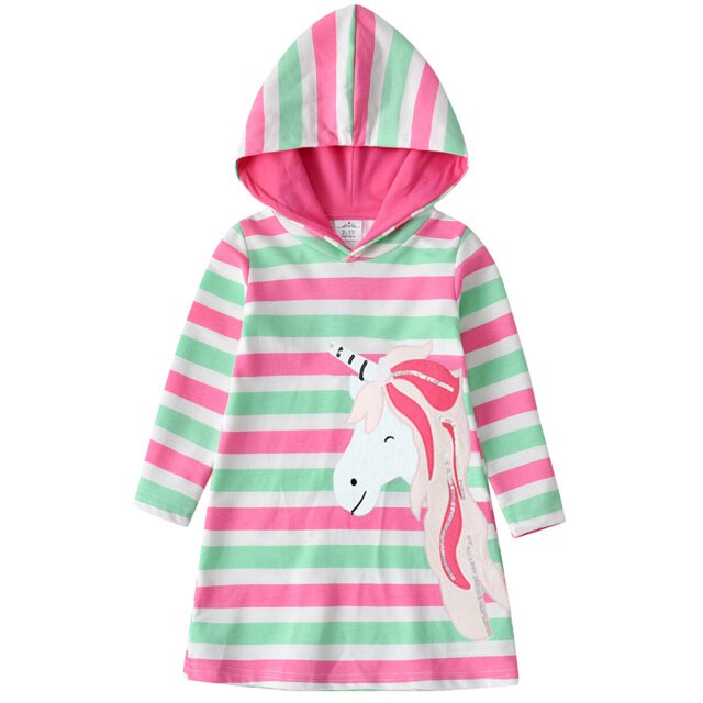 Striped Vestidos Unicorn Girl Toddlers Cotton Hooded Dress