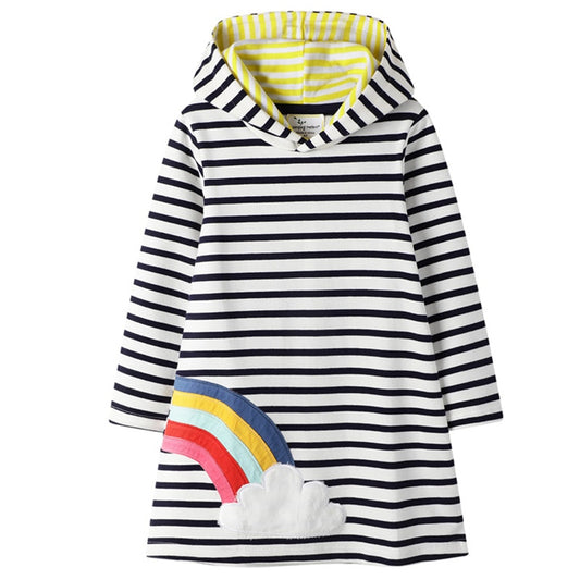 Rainbow Pattern Striped Hooded Girl Toddler Dresses