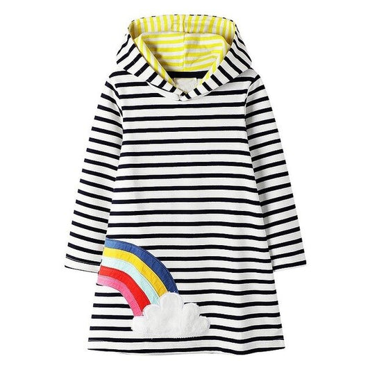 Rainbow Pattern Striped Hooded Girl Toddler Dresses